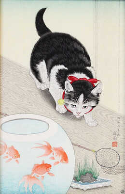 Охара Косон. Кошка и золотая рыбка 